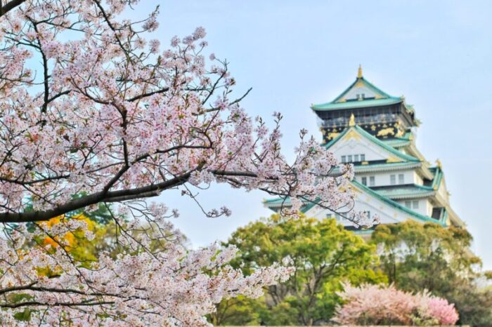 The front of Osaka on a beautiful day with a bustling crowd of visitors