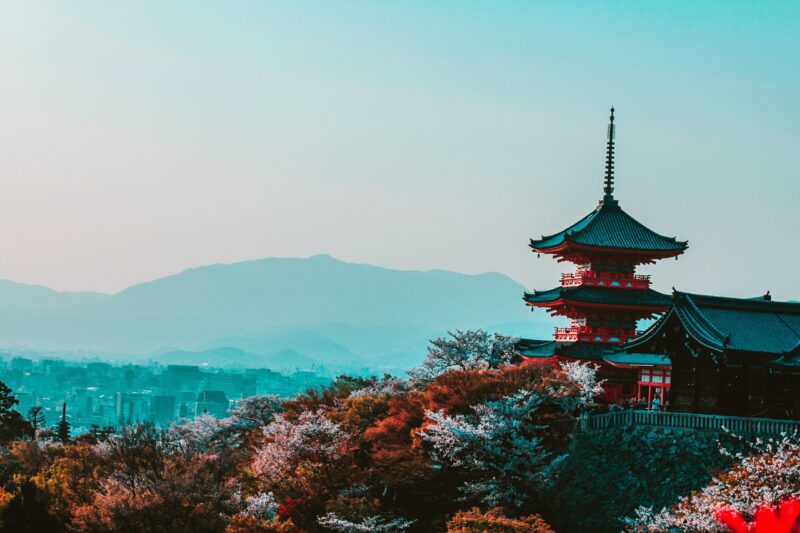 Japanese Omiyage 9 Japanese Temple peaking out of the tree line with a blue tinted mountain in the background located in Kyoto, a perfect place to find Japanese omiyage for loved ones