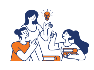Reasons to Choose Japan Switch Graphic of two students speaking with a teacher and a light bulb representing a good idea
