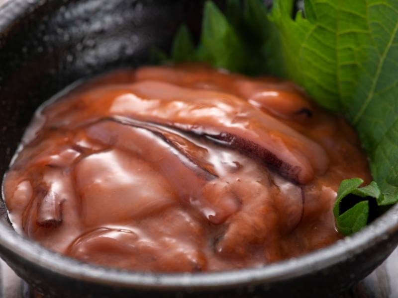 weird japanese foods 3 shiokara in a bowl, a rather slimy looking food, which makes it categorized as a weird japanese food