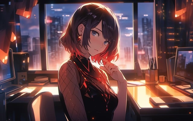 waifu-pixabay picture of anime girl with short hair in an office space during sunset