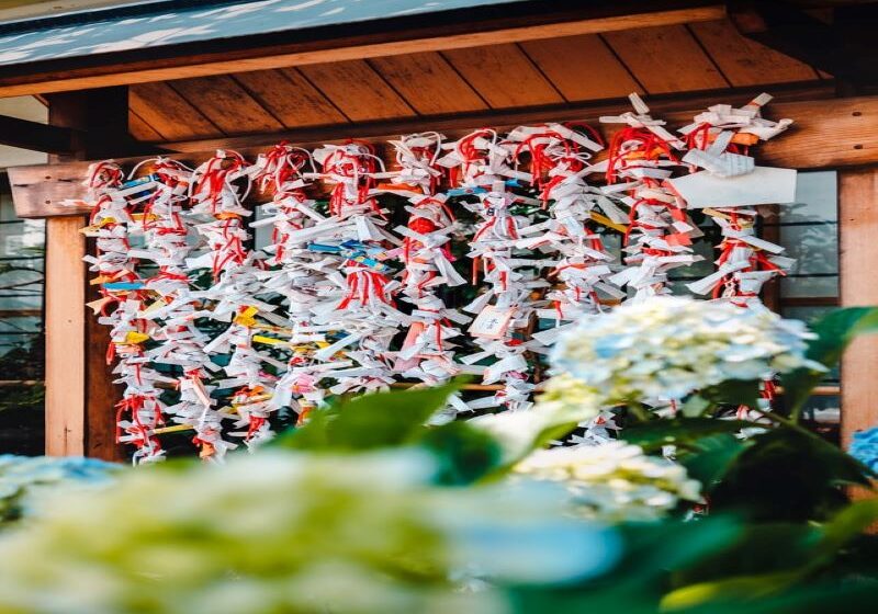 Shrines in Tokyo - omikuji Omikuji tied to metal racks at a shrine